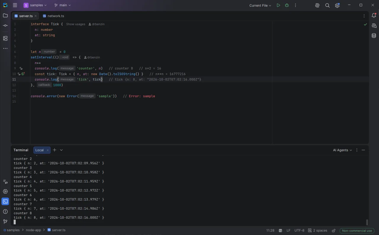 server.ts in WebStorm: each console.log line ends with its latest value in grey, such as tick {n: 8, at: …}, and console.error(new Error('sample')) shows Error: sample in red; the terminal below prints the same output
