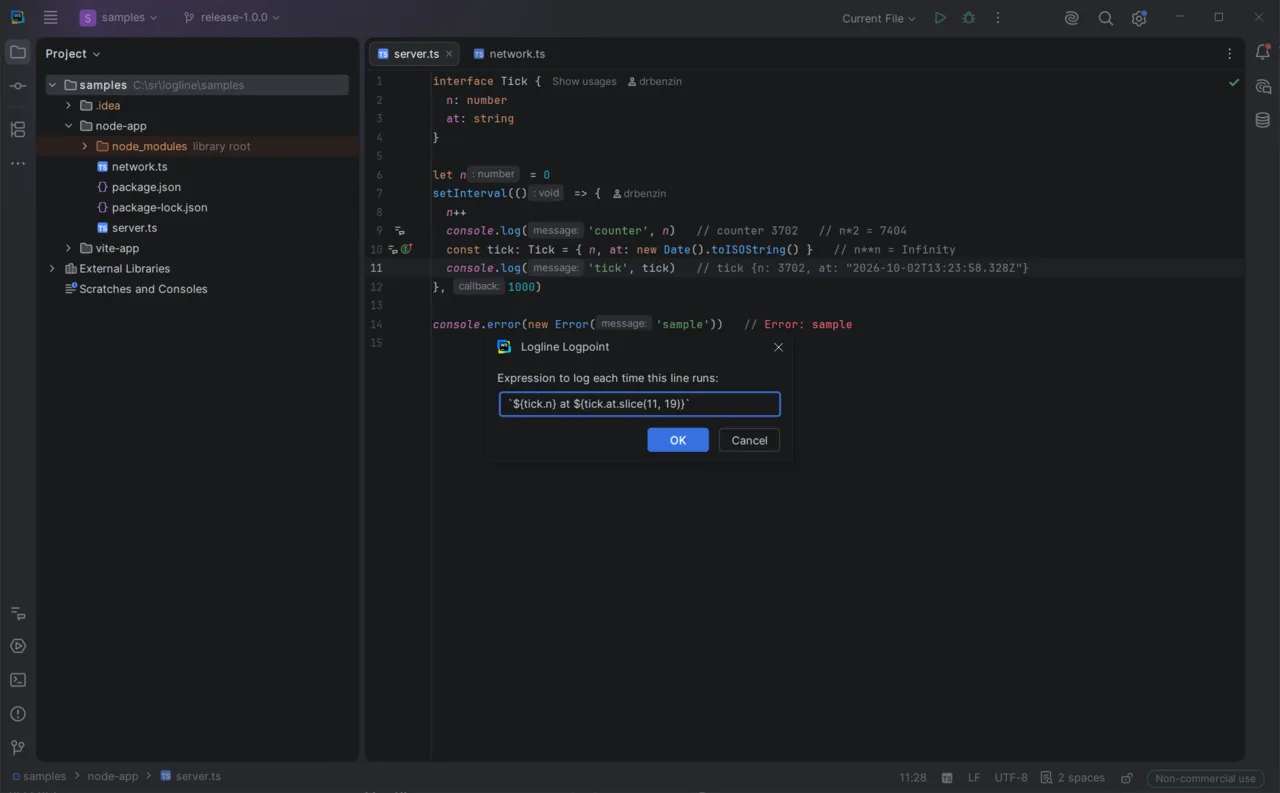 The Logline Logpoint dialog in WebStorm on line 11 of server.ts, with the expression `${tick.n} at ${tick.at.slice(11, 19)}`; the lines above show their values inline