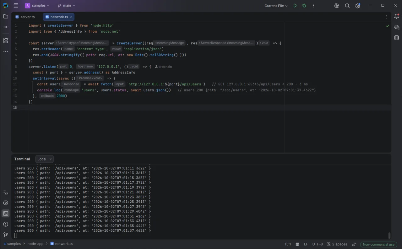 network.ts in WebStorm: the fetch line shows GET 127.0.0.1:65343/api/users → 200 · 3 ms inline, and the console.log below it shows the parsed response