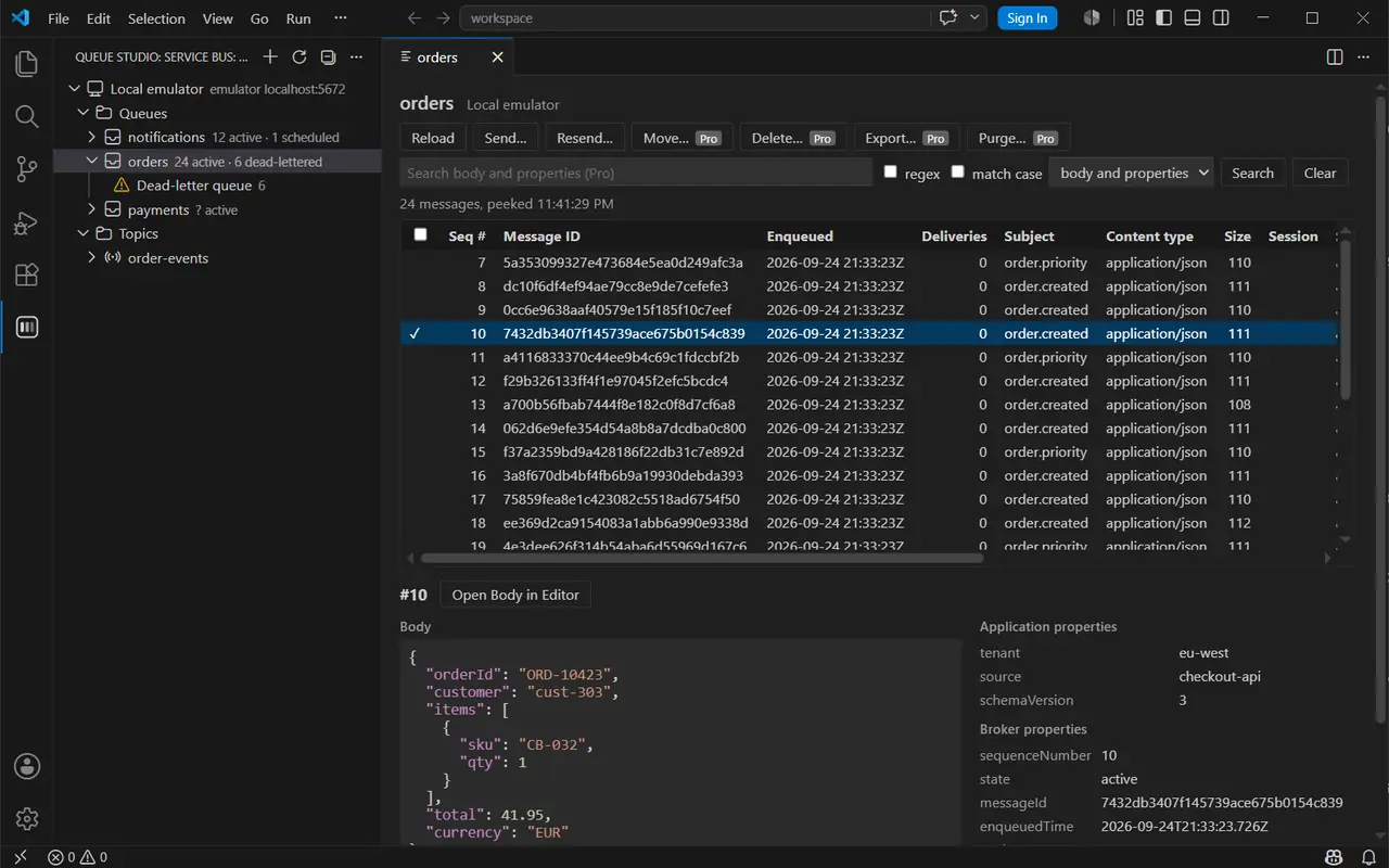Queue Studio for Azure Service Bus in VS Code: 24 messages peeked from the orders queue on the local emulator, with the selected message’s JSON body and its application and broker properties