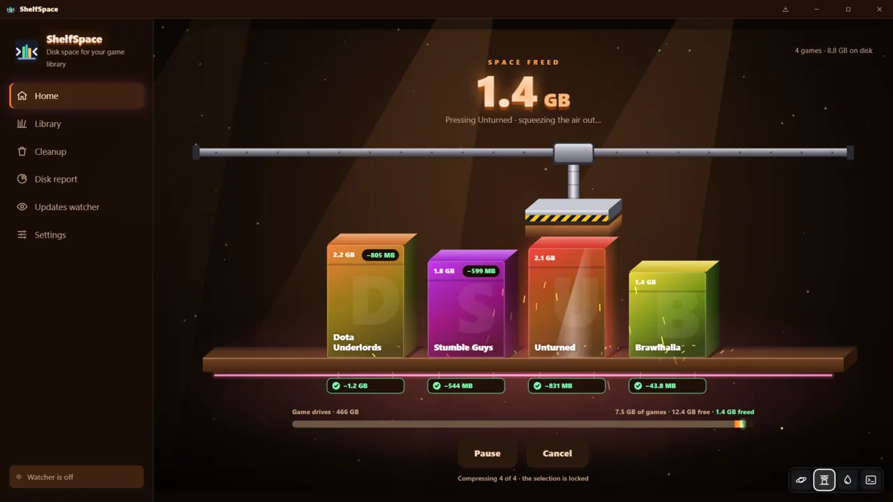 Compression in progress: the press comes down on a game box