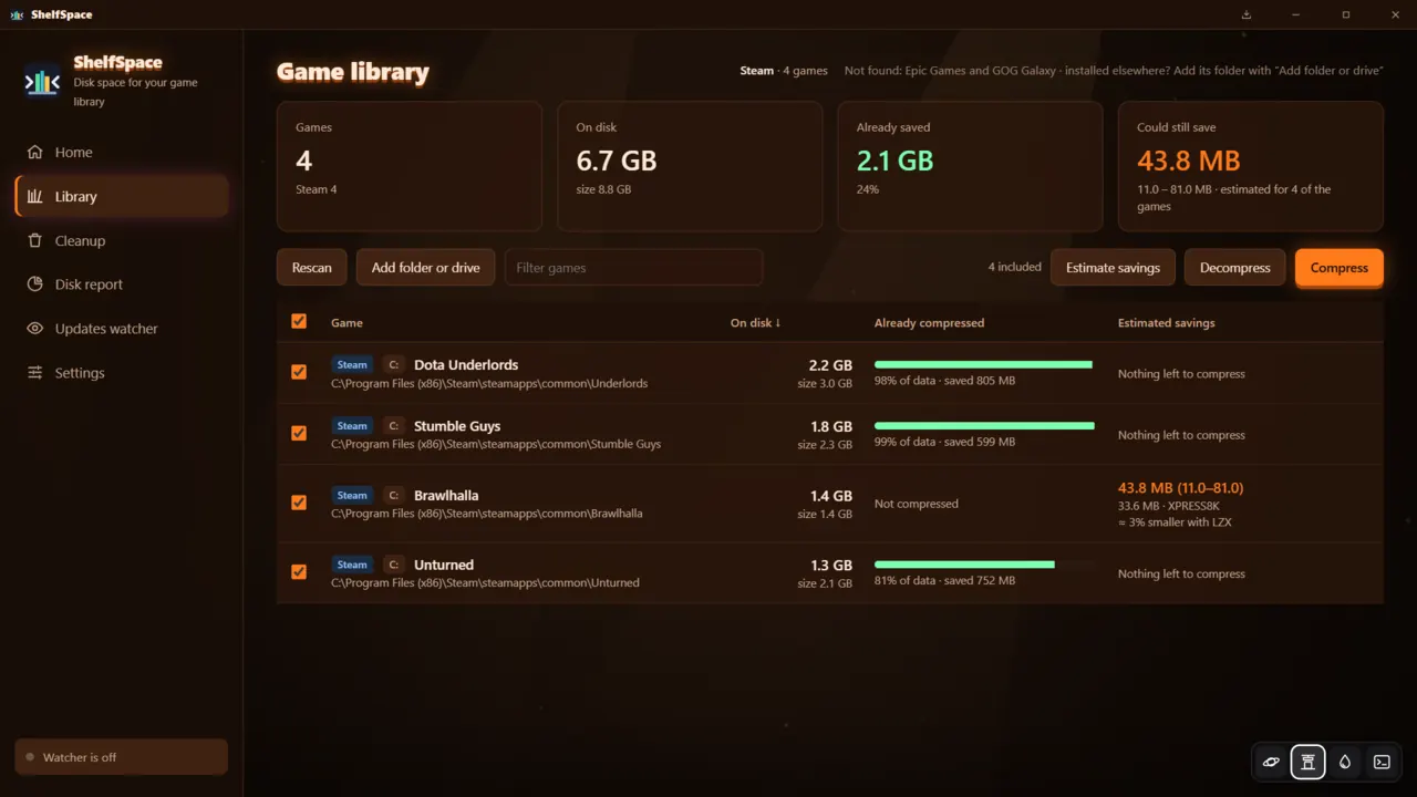 The game library: each Steam game with its size on disk, how much is already compressed and the estimated savings